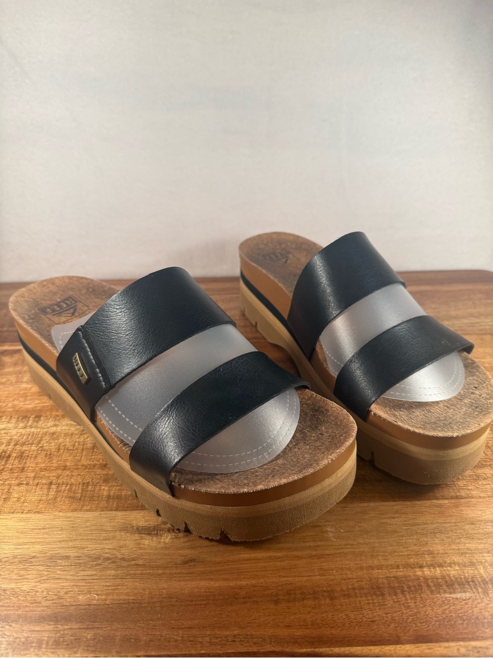 Reef Black and Tan Platform Slide Sandals